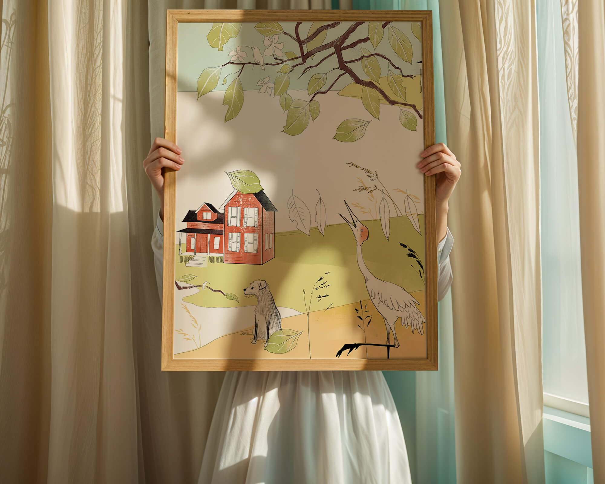 Tranquil rural landscape illustration with house, dog, and crane