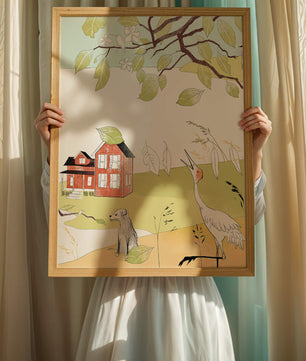 Tranquil rural landscape illustration with house, dog, and crane