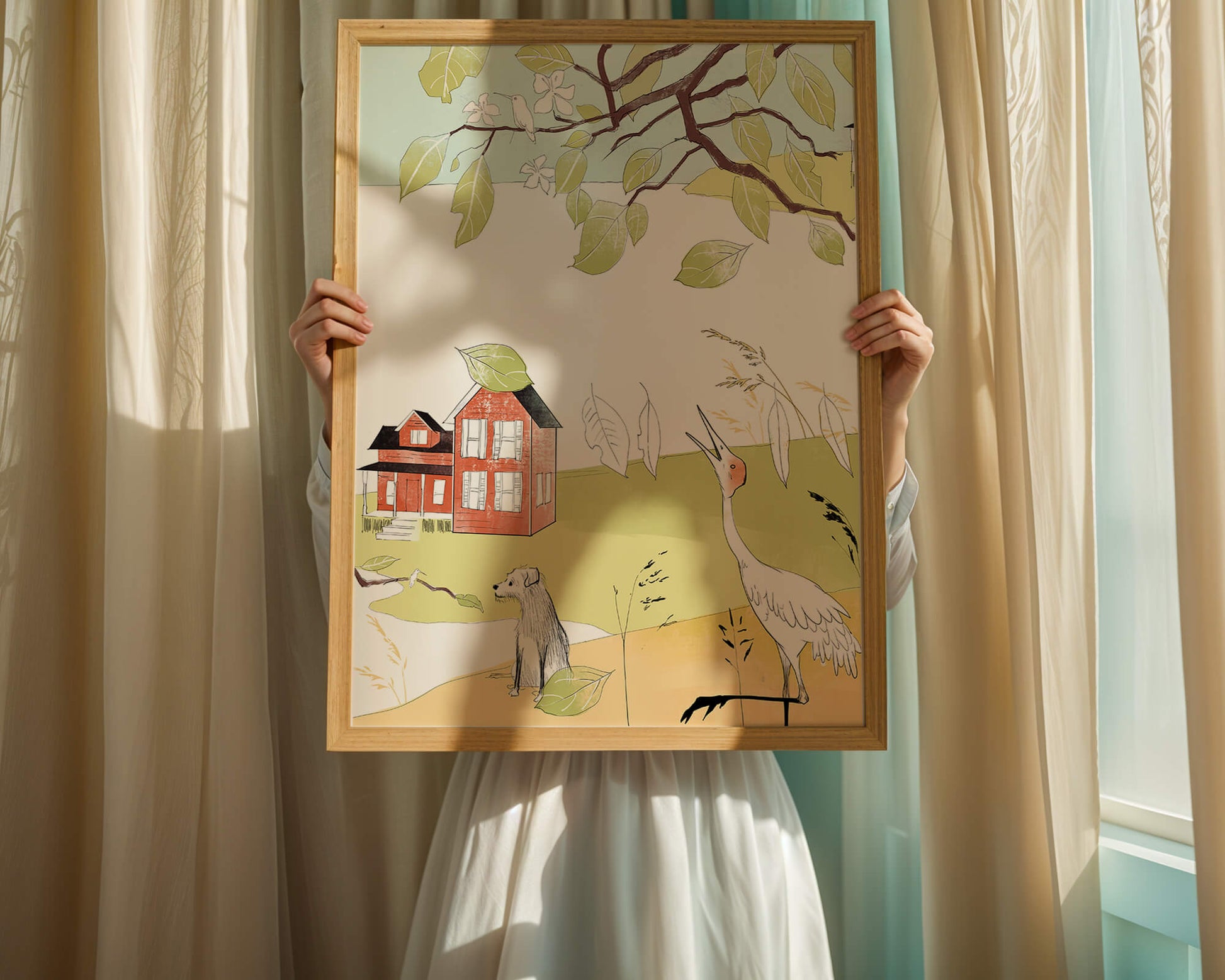 Tranquil rural landscape illustration with house, dog, and crane