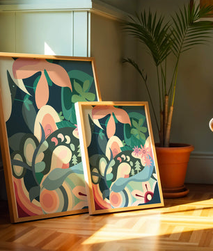 Abstract botanical artwork with vibrant colors and natural elements