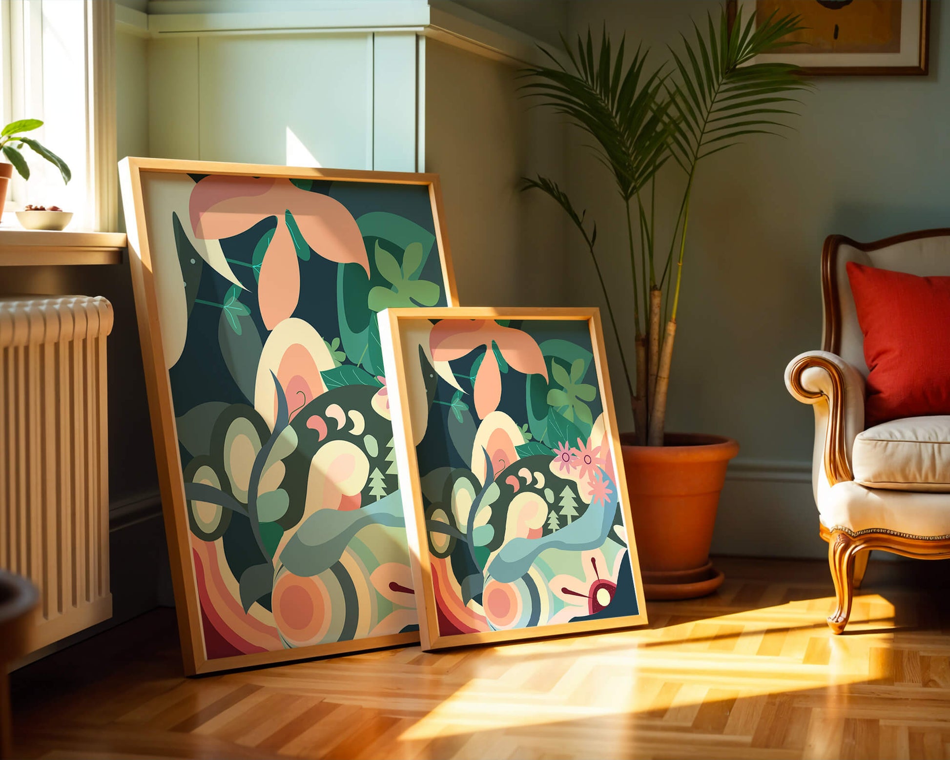 Abstract botanical artwork with vibrant colors and natural elements