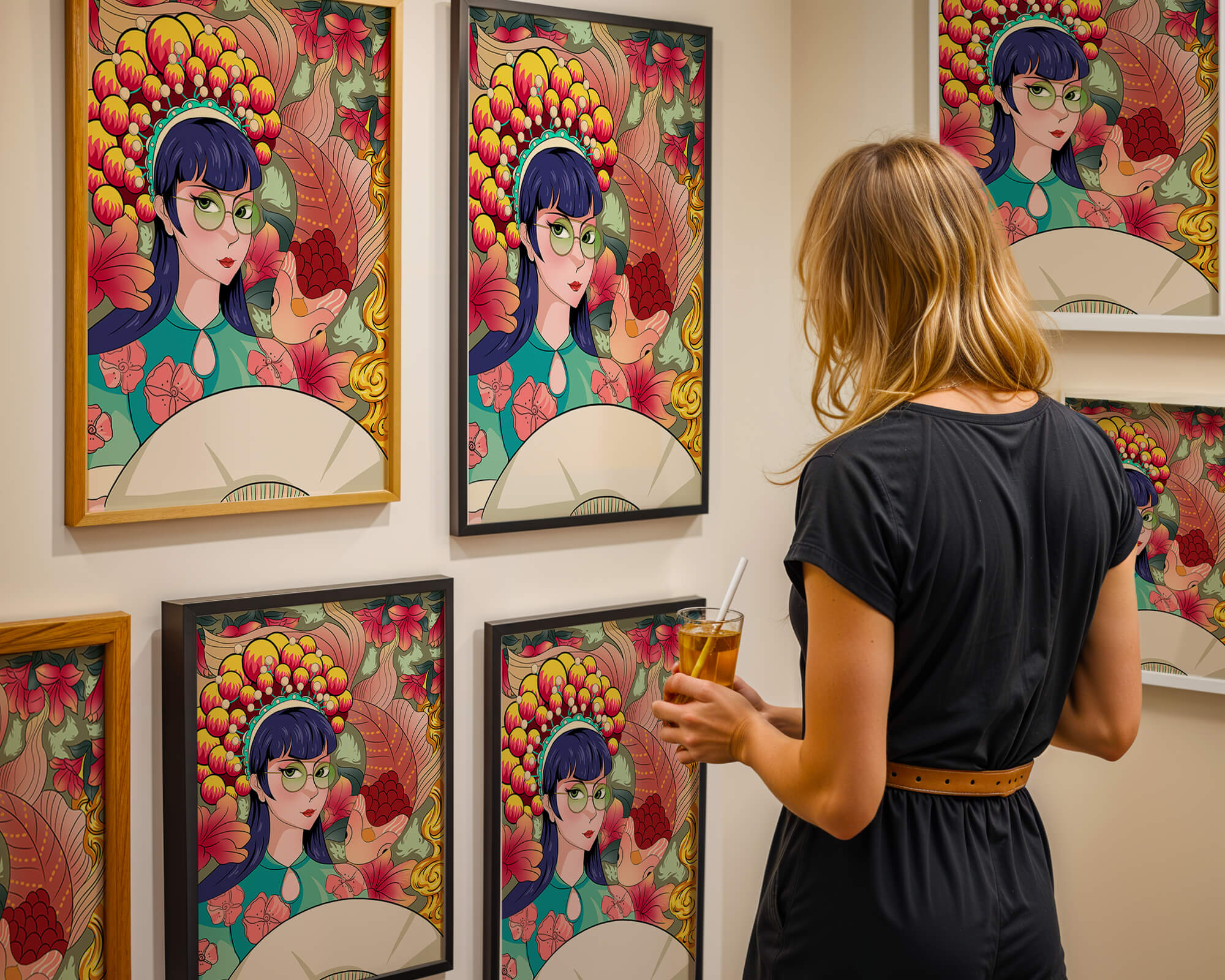 Colorful illustration of a woman with floral headdress and fish background