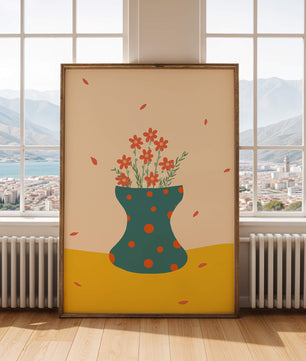 Floral Illustration with Polka Dot Vase on Colorful Background - Mi tienda
