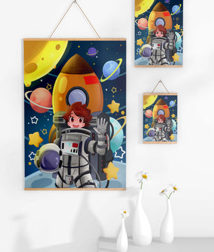 Young Astronaut with Rocket and Planets in Space Adventure