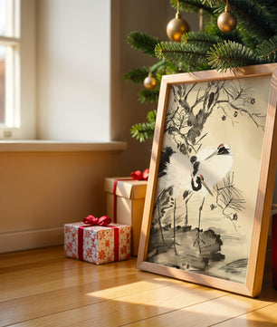 Traditional Japanese Painting of Cranes with Pine Tree and Gold Details