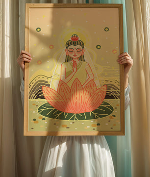 Heitere Illustration einer meditativen Figur auf einem Lotus mit himmlischem Hintergrund