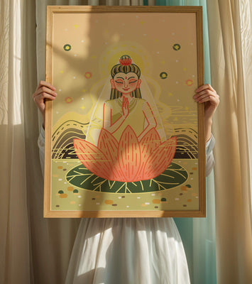 Serene illustration of meditative figure on a lotus with celestial background
