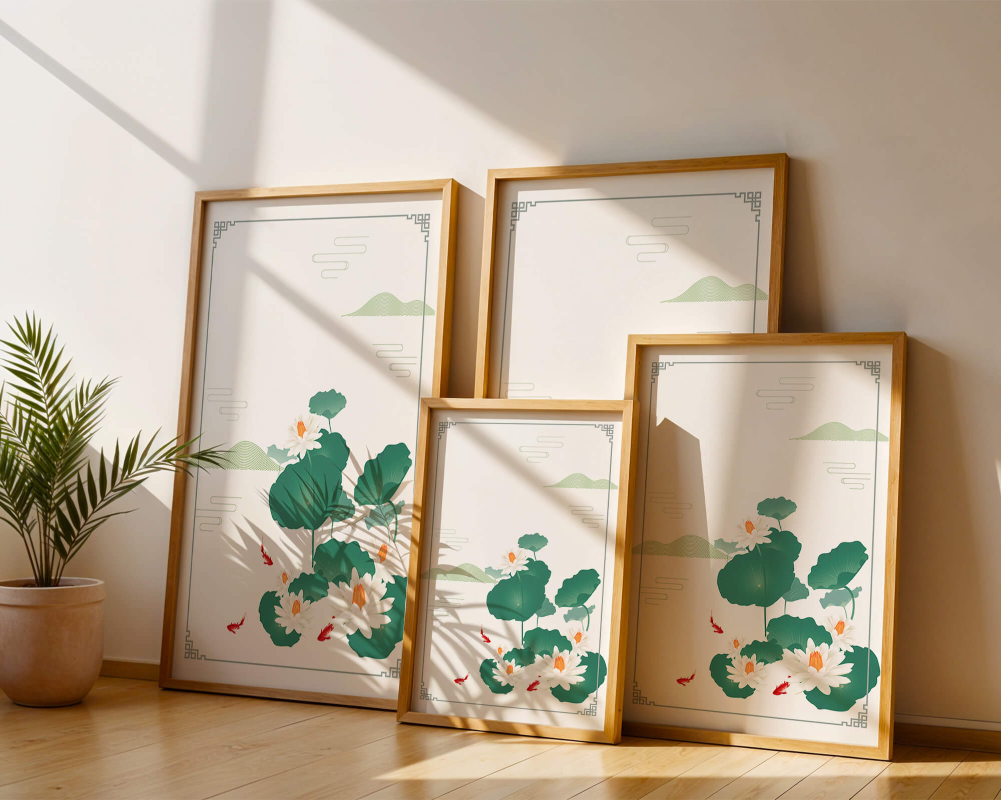 Elegant lotus and koi fish illustration with oriental design elements