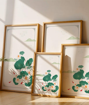 Elegante Lotus- und Koi-Fisch-Illustration mit orientalischen Designelementen
