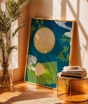 Moonlit night with bamboo and dumplings on a mat