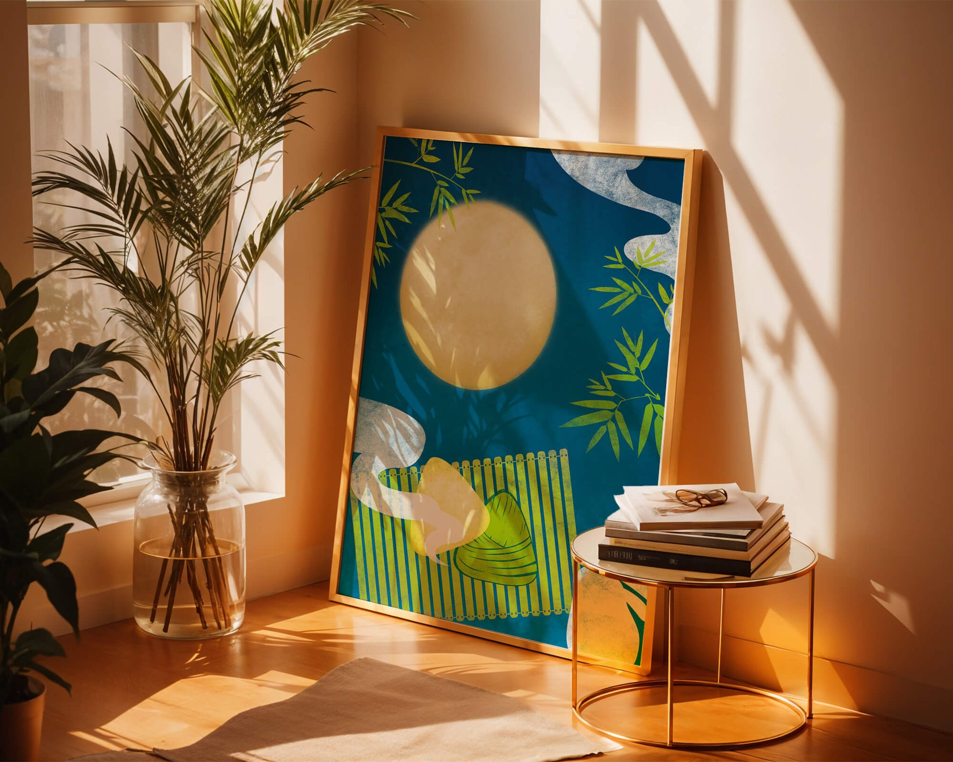 Moonlit night with bamboo and dumplings on a mat