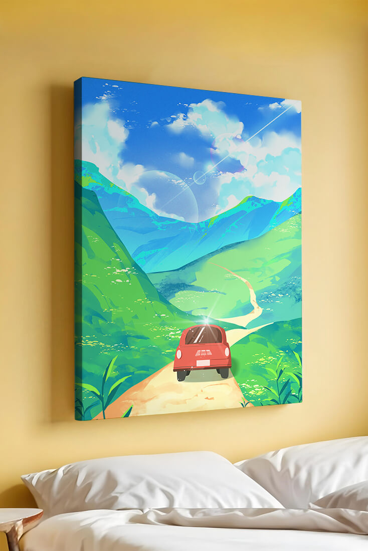 Red Car on a Scenic Road Through Green Hills Under a Vibrant Blue Sky