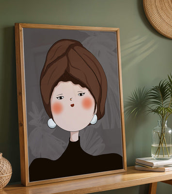 Elegant portrait of a woman with a unique headscarf and expressive features