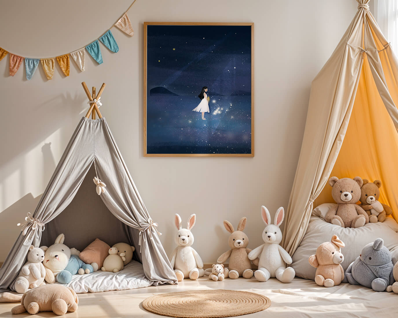 Girl in White Dress Gazing at Starry Night Sky