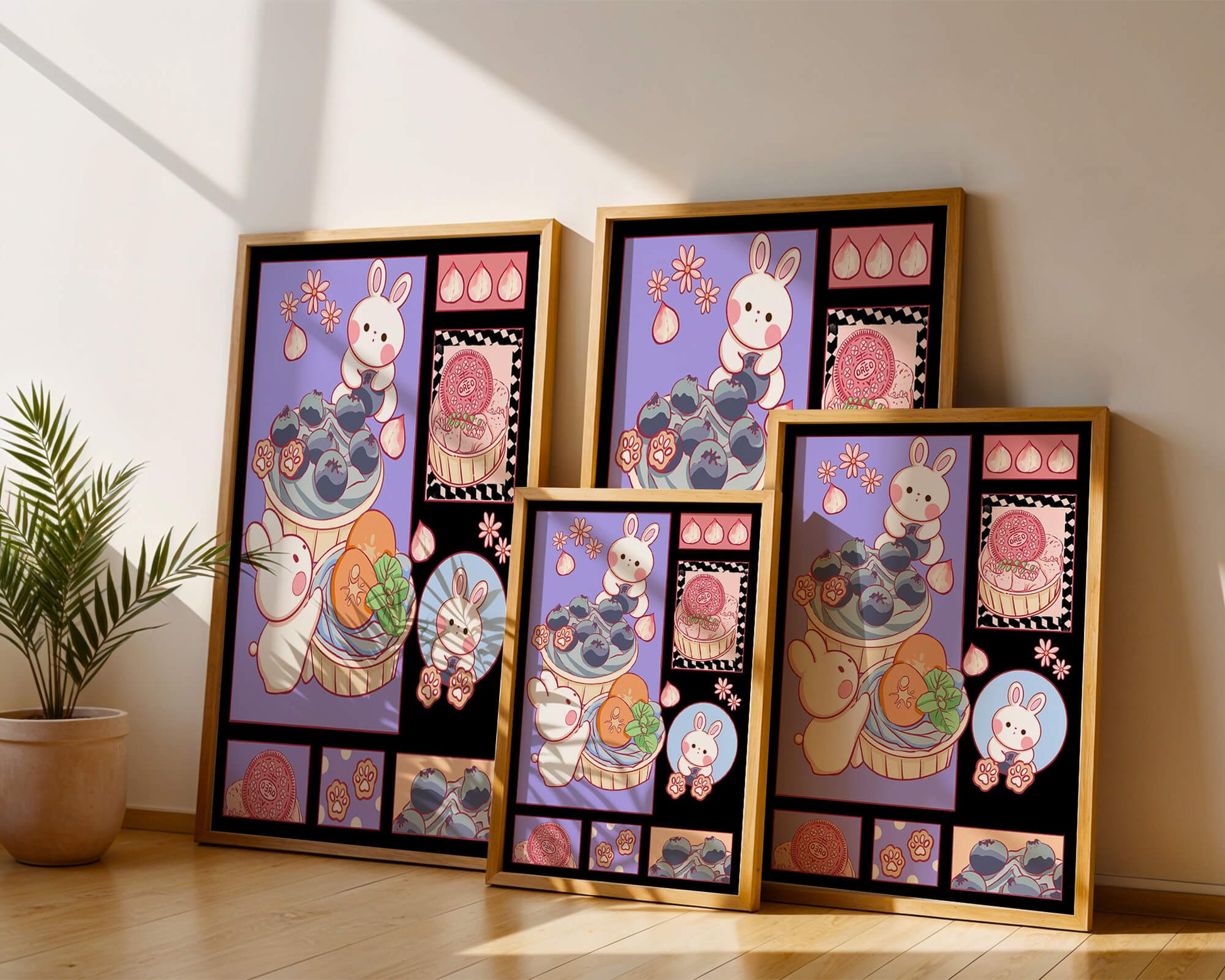 Conejos de dibujos animados encantadores con postres y arándanos