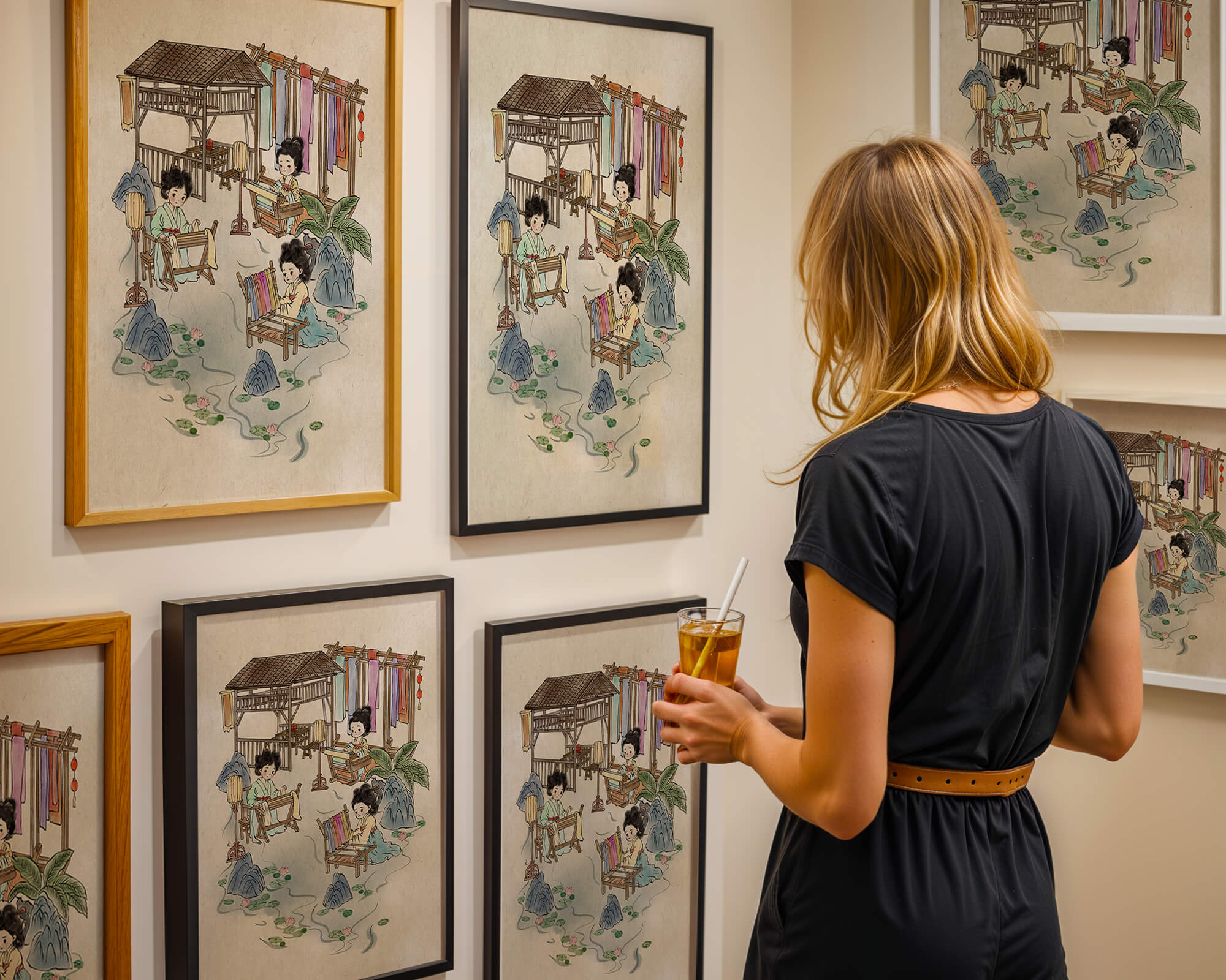 Charming illustration of traditional textile crafts in a serene setting