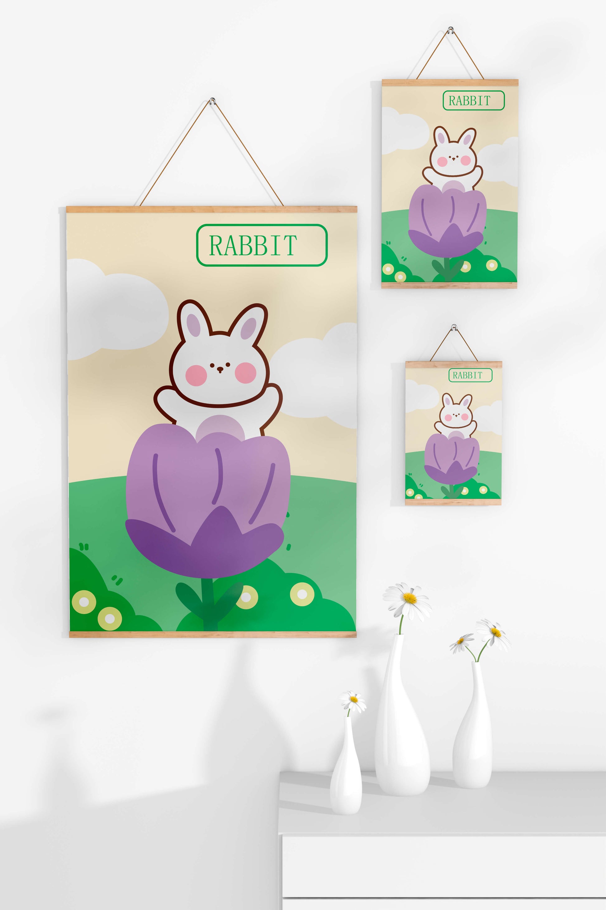 Ilustración caprichosa de un conejo adorable en una flor con colores pastel