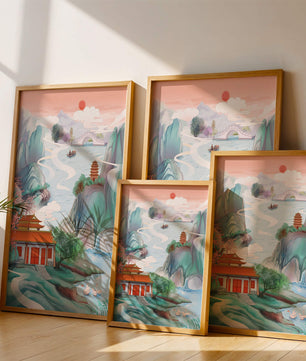 Ruhige Landschaft mit traditioneller asiatischer Architektur und Naturelementen