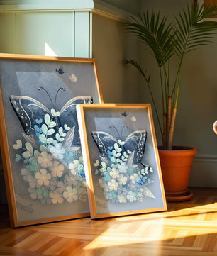 Elegant butterfly with blue floral arrangement artwork