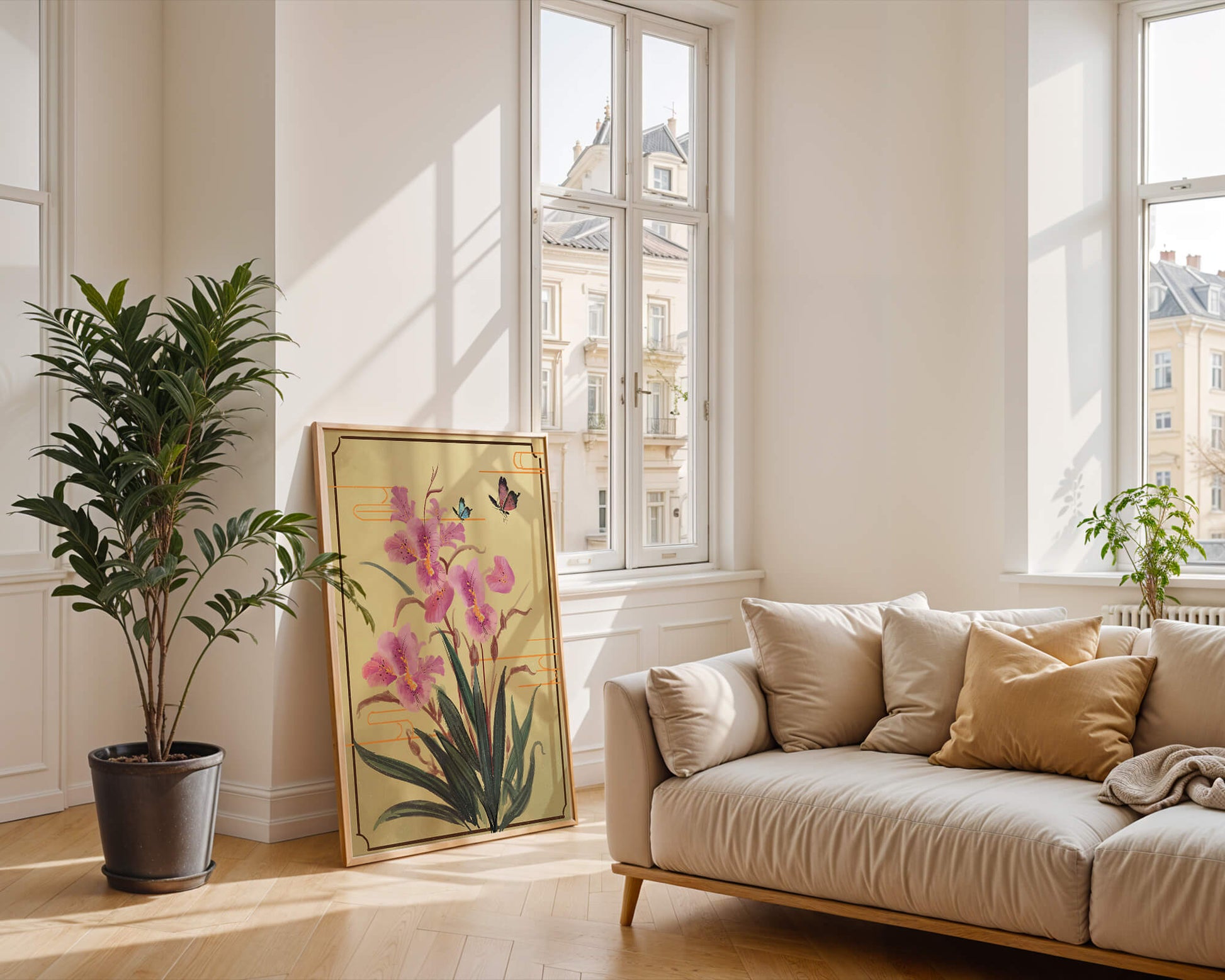 Elegant Floral Composition with Butterflies and Ornamental Background