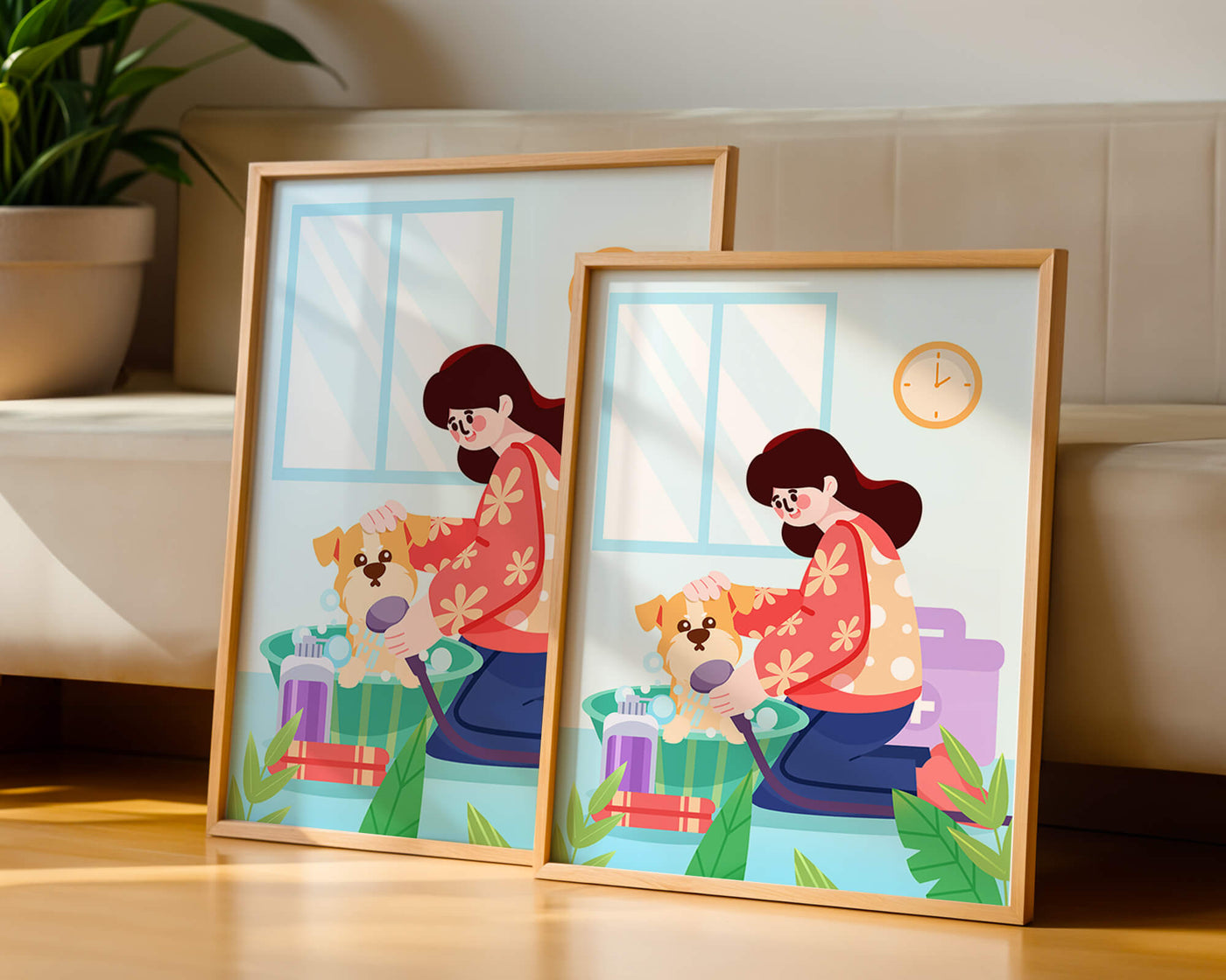 Woman giving a bath to a dog in a colorful bathroom setting