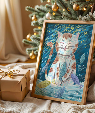 Gato caprichoso con peces coloridos y pinceladas juguetonas