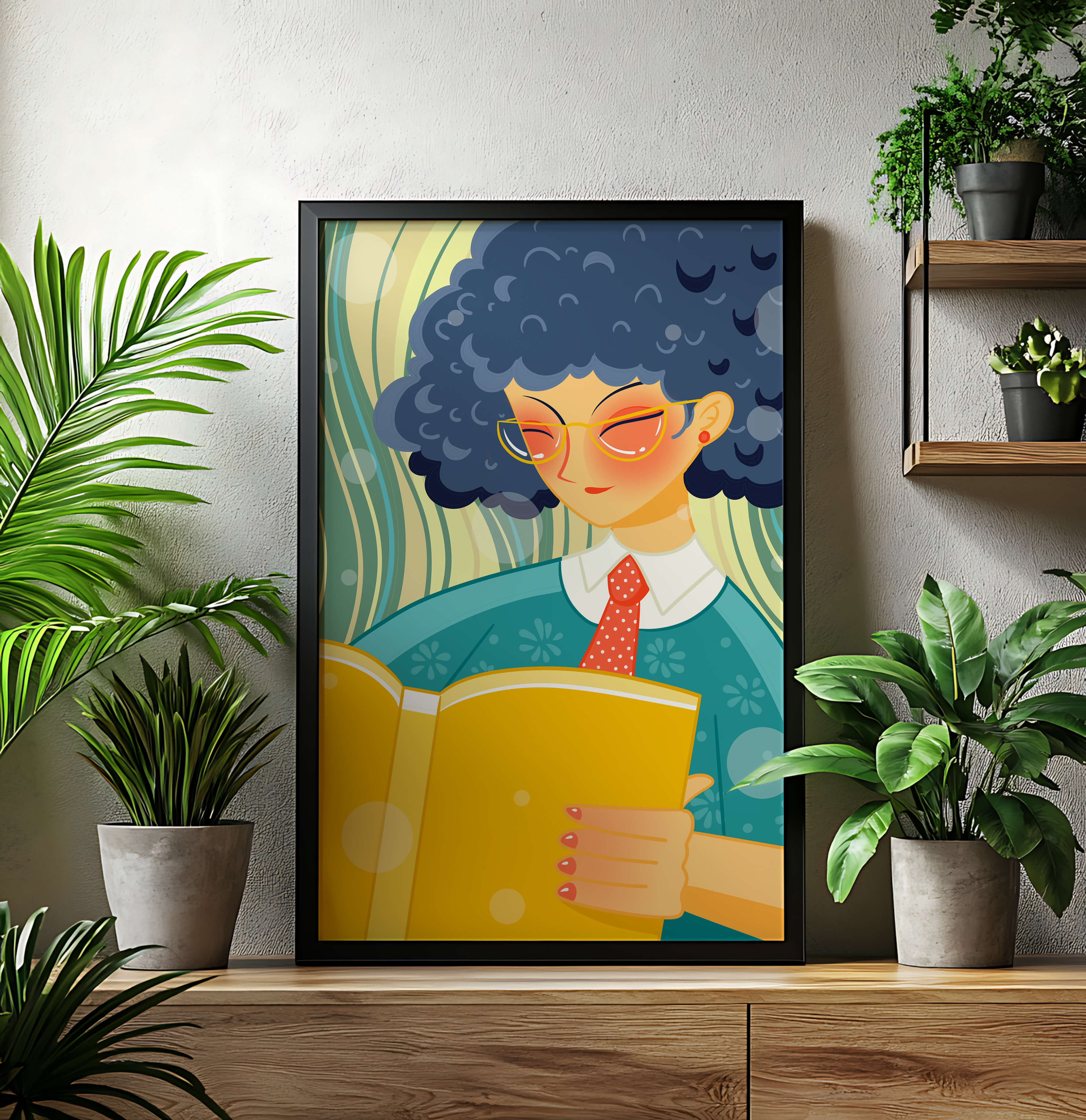 Illustration of a person reading a large yellow book in a stylized design