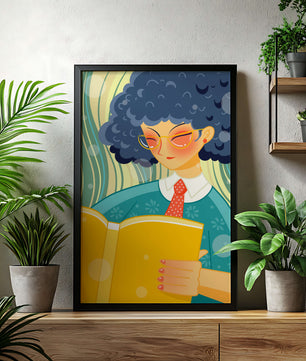 Illustration d'une personne lisant un grand livre jaune dans un style stylisé