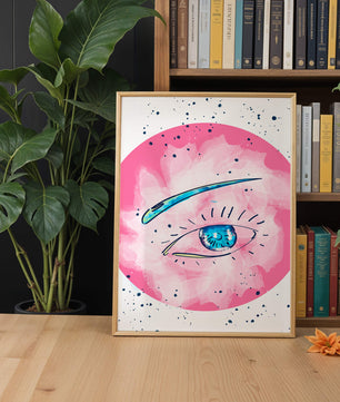 Abstract Eye Illustration with Pink Background and Blue Accents - Mi tienda