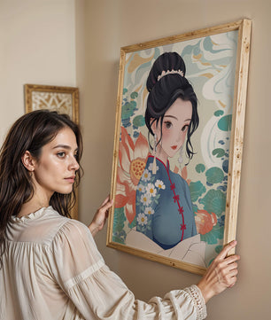 Una mujer elegante con vestido tradicional oriental con patrones florales y flores de loto