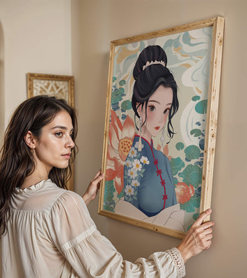 An Elegant Woman in Traditional Oriental Dress with Floral Patterns and Lotus Flowers