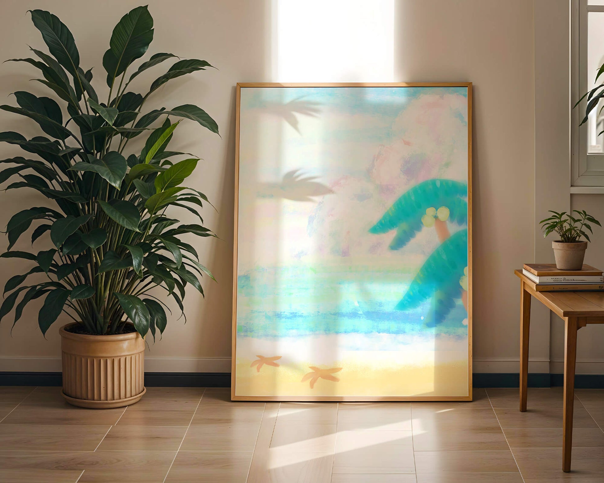 Serene tropical beach with palm trees and starfish
