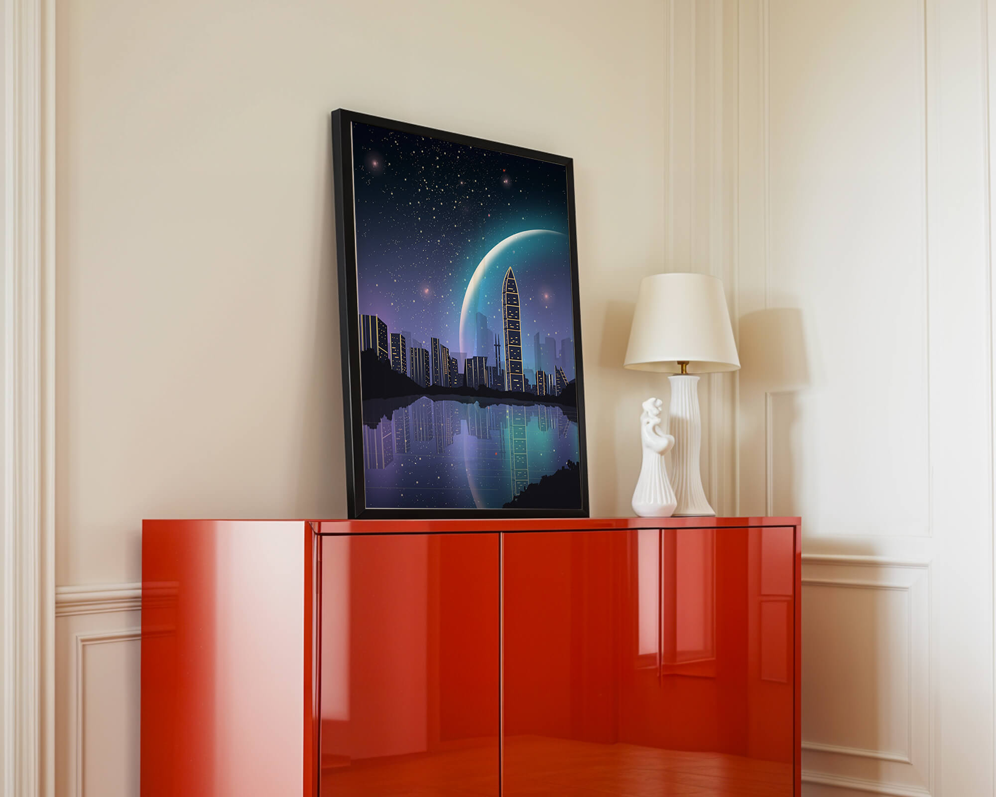 Futuristic cityscape under a starry night sky