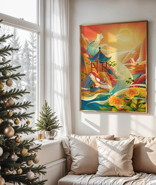 Mystical landscape with cranes and serene mountains
