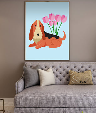 Illustration eines Basset Hound mit rosa Blumen auf hellblauem Hintergrund