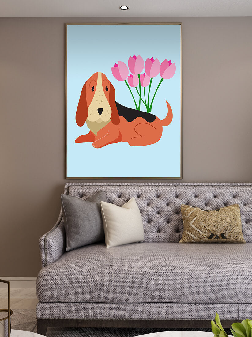 Illustration eines Basset Hound mit rosa Blumen auf hellblauem Hintergrund