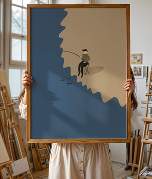 Minimalistic illustration of a person fishing by the sea