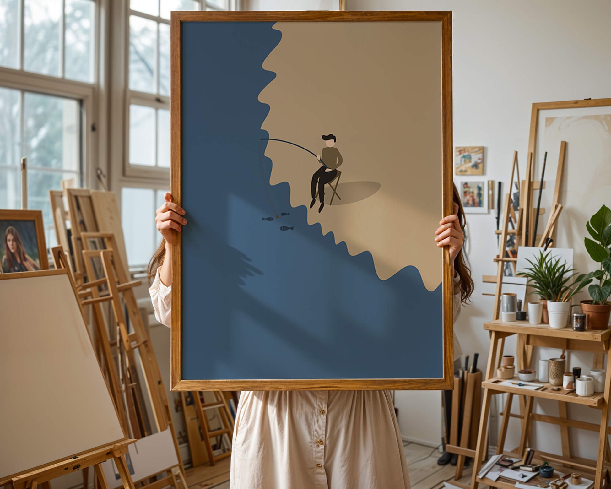 Ilustración minimalista de una persona pescando por el mar