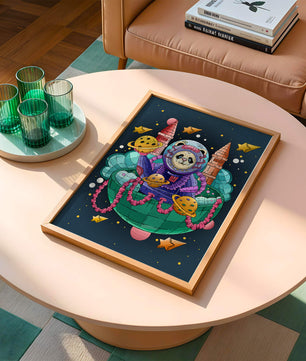 Whimsical space panda illustration with planets and stars