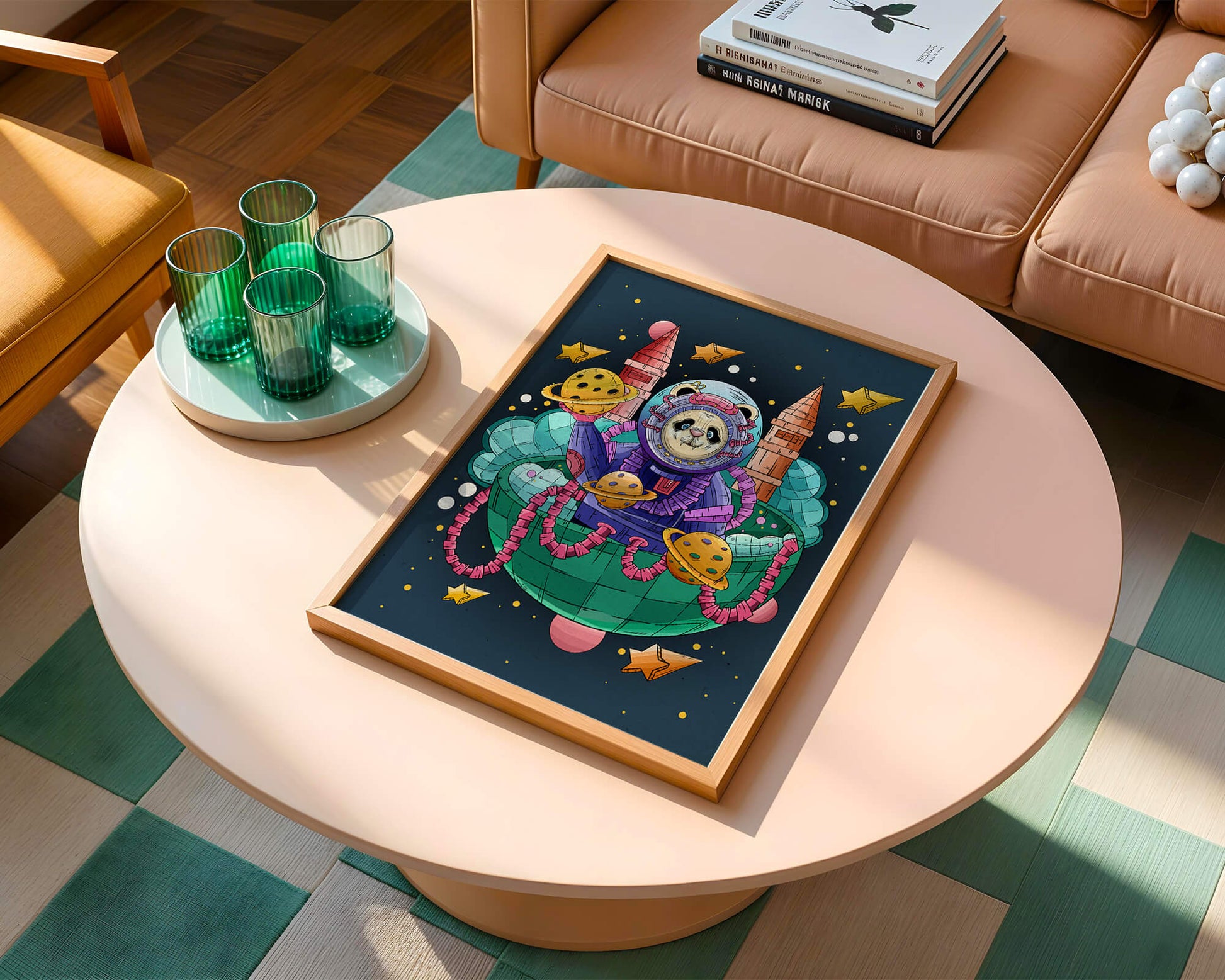 Whimsical space panda illustration with planets and stars