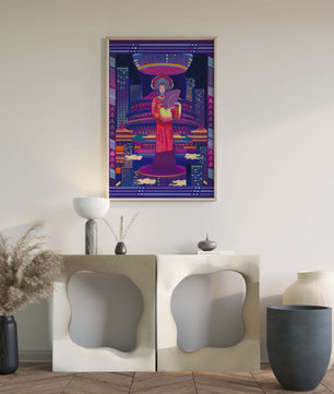 Futuristic Asian Inspired Artwork with Neon Colors and Geisha in Traditional Attire