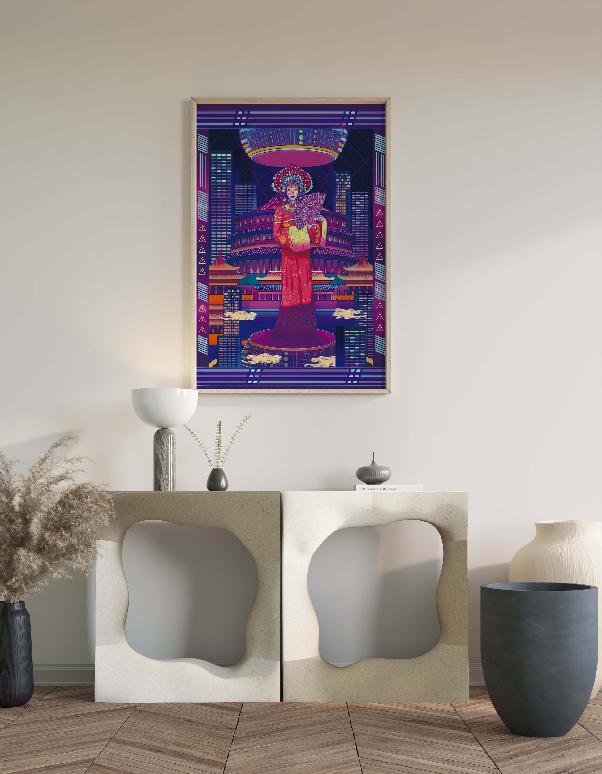 Futuristic Asian Inspired Artwork with Neon Colors and Geisha in Traditional Attire