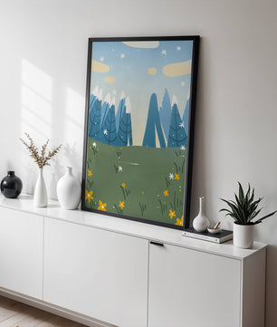 Landschaft mit schneebedeckten Bergen und Blumen im Cartoon-Stil