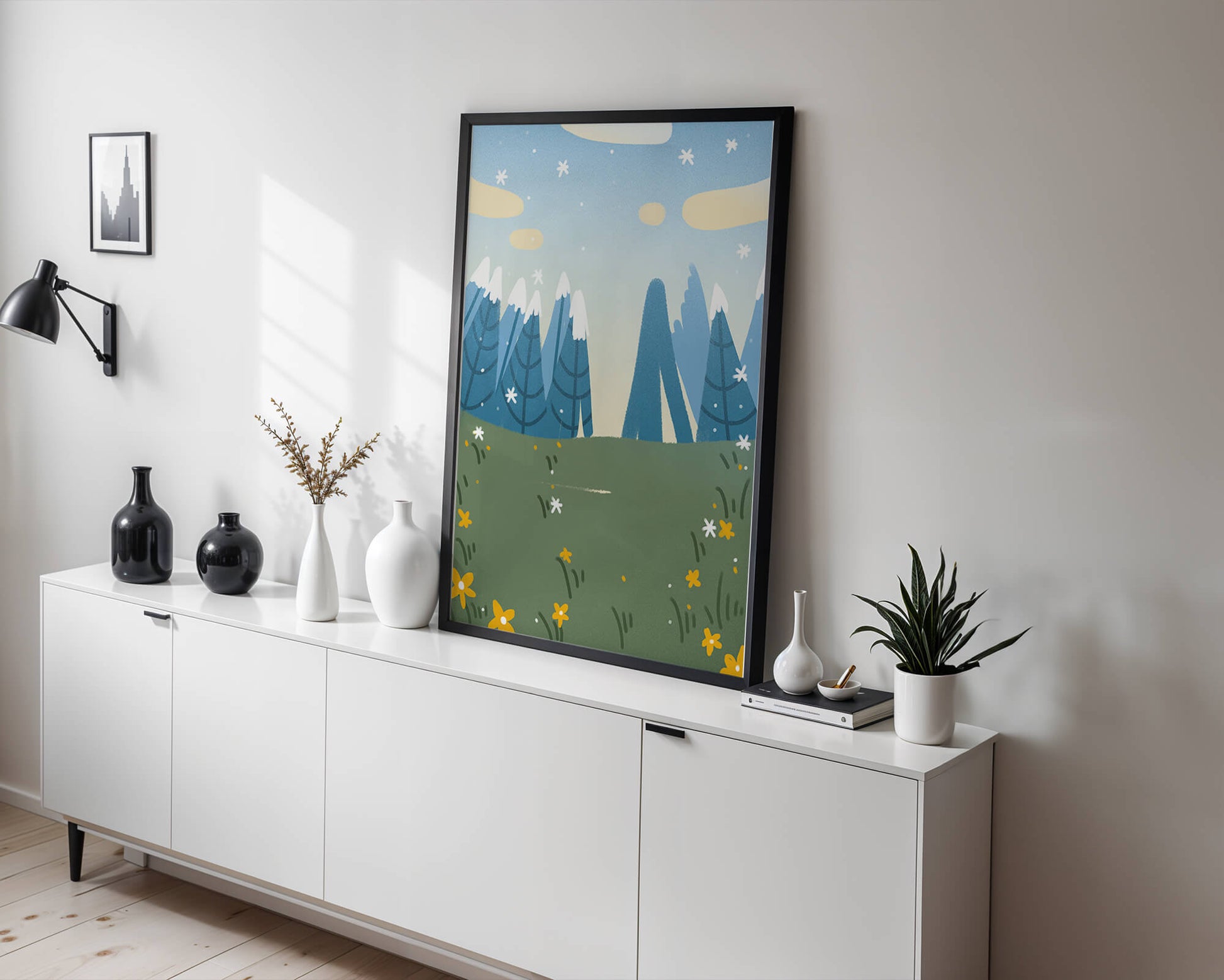 Landschaft mit schneebedeckten Bergen und Blumen im Cartoon-Stil