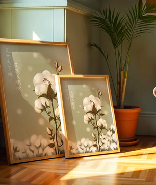 Plante de coton illustrée avec un personnage caché sur un fond vert doux