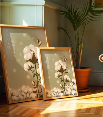 Illustrated cotton plant with hidden character on a soft green background