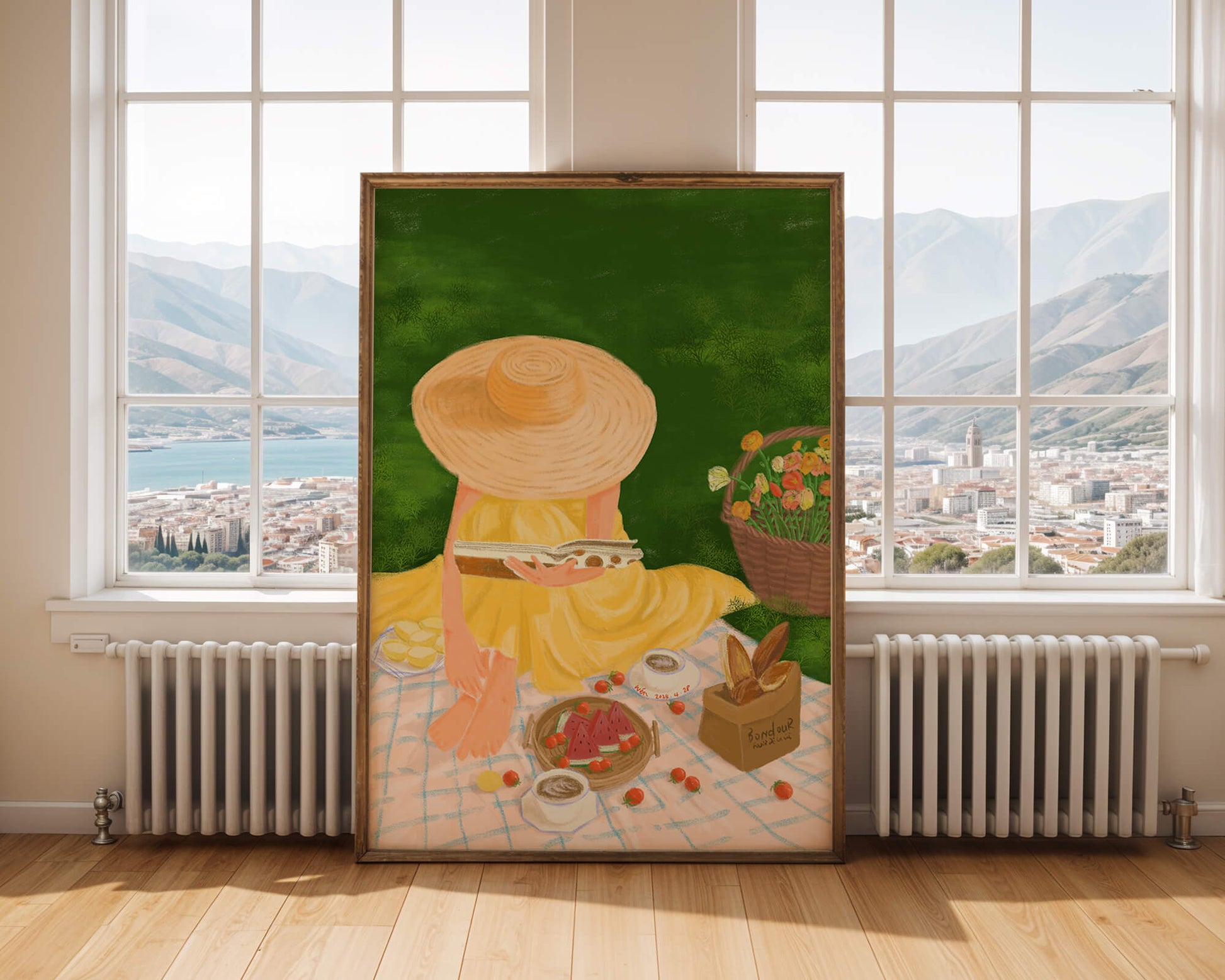 Picnic in the Park with Straw Hat and Flowers