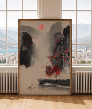 Serene landscape with red foliage and misty mountains