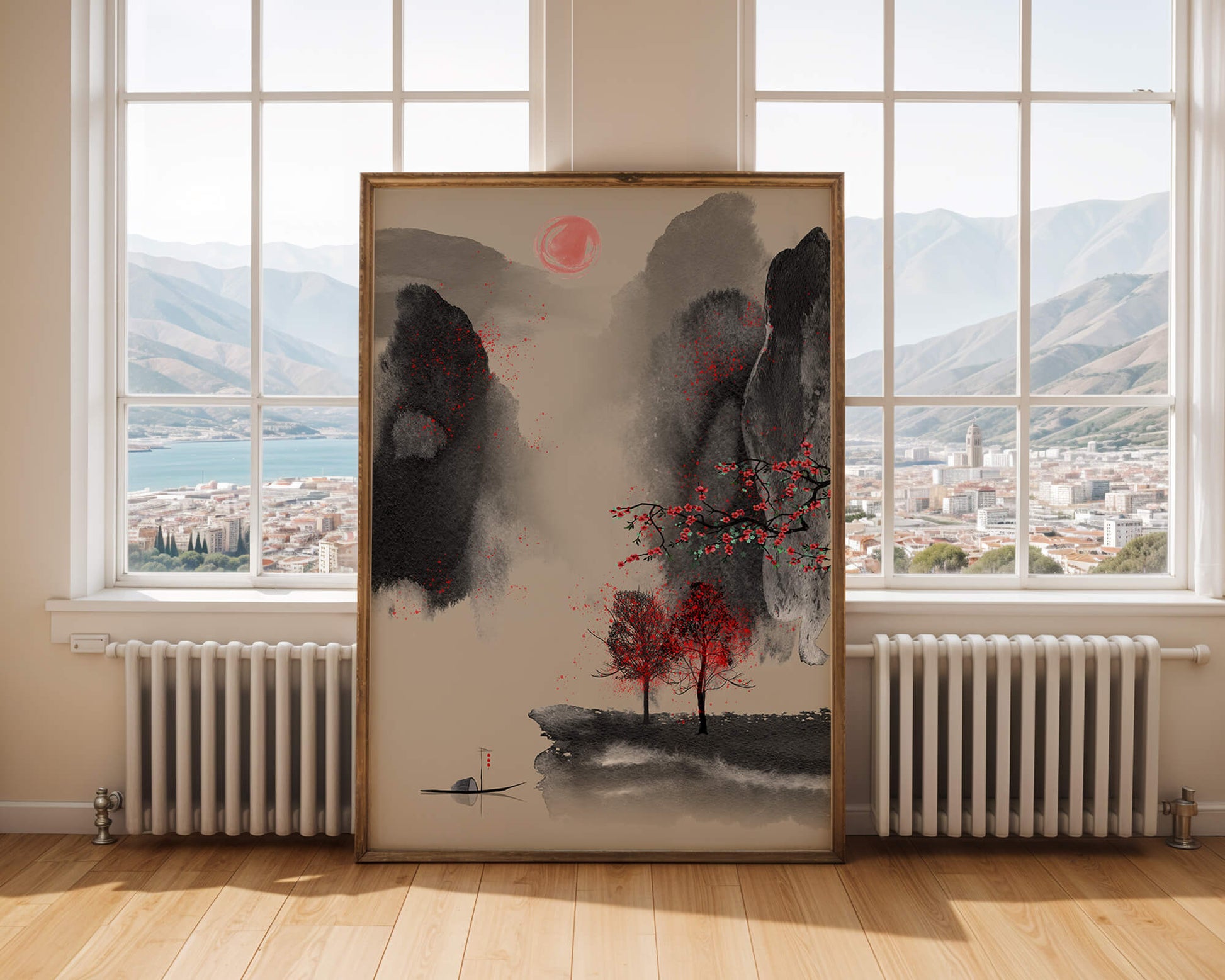 Paisaje sereno con follaje rojo y montañas brumosas.