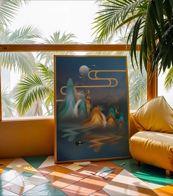 Abstract landscape with golden deer and layered mountains in serene night scene